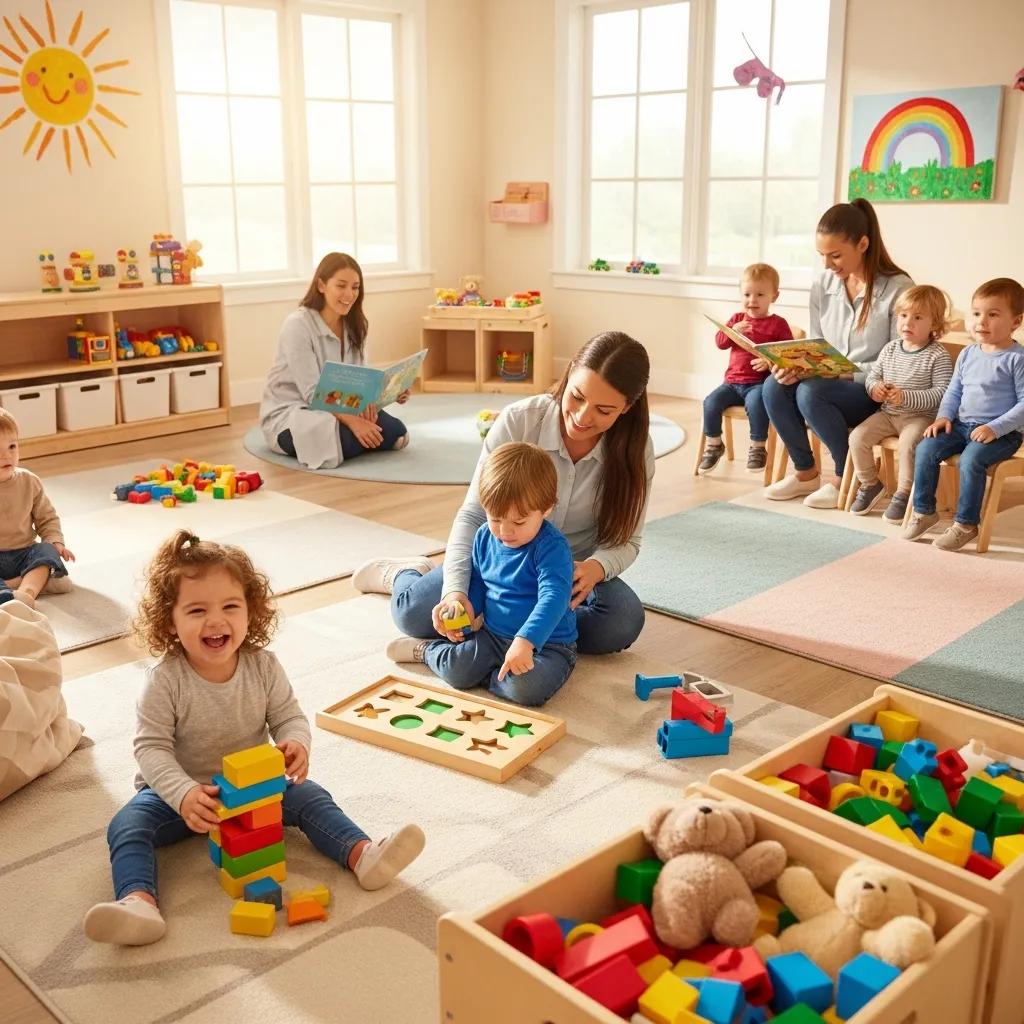 Vibrant toddler daycare environment with children playing and learning
