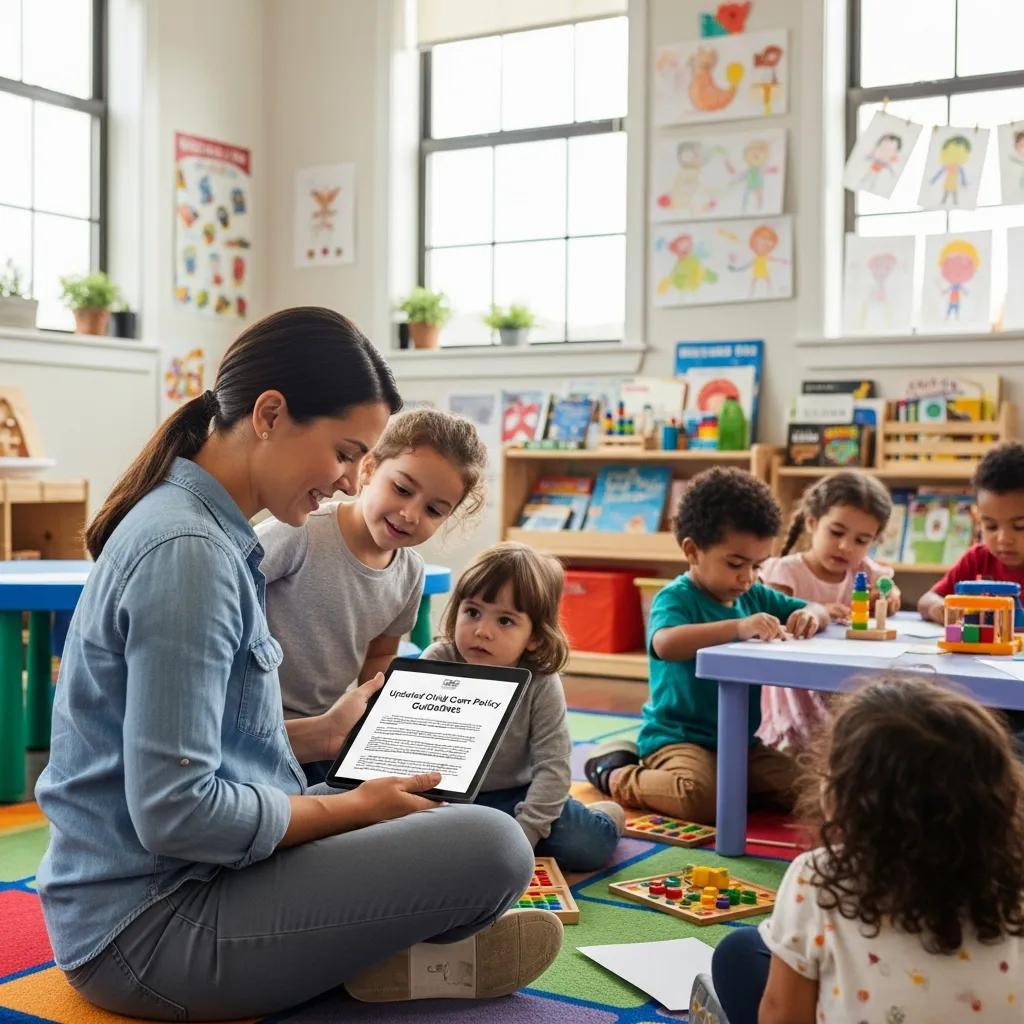 A caregiver evaluating child care standards while supervising a diverse group of children in a nurturing environment.