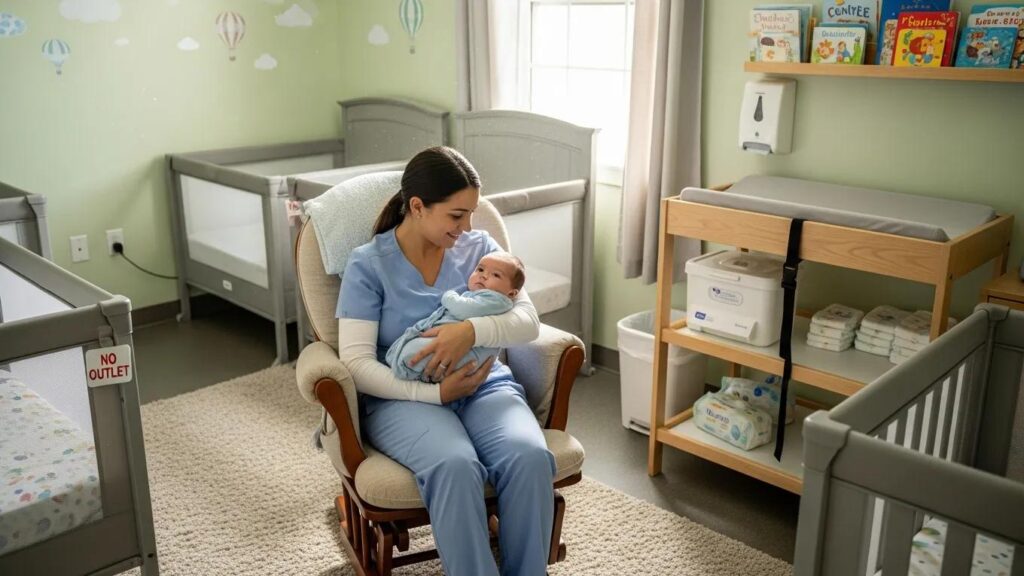 A caregiver nurturing an infant in a safe and welcoming nursery