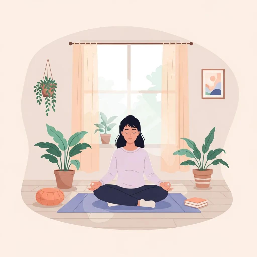 A parent engaging in mindfulness practice on a yoga mat at home, surrounded by calming decor and natural light.
