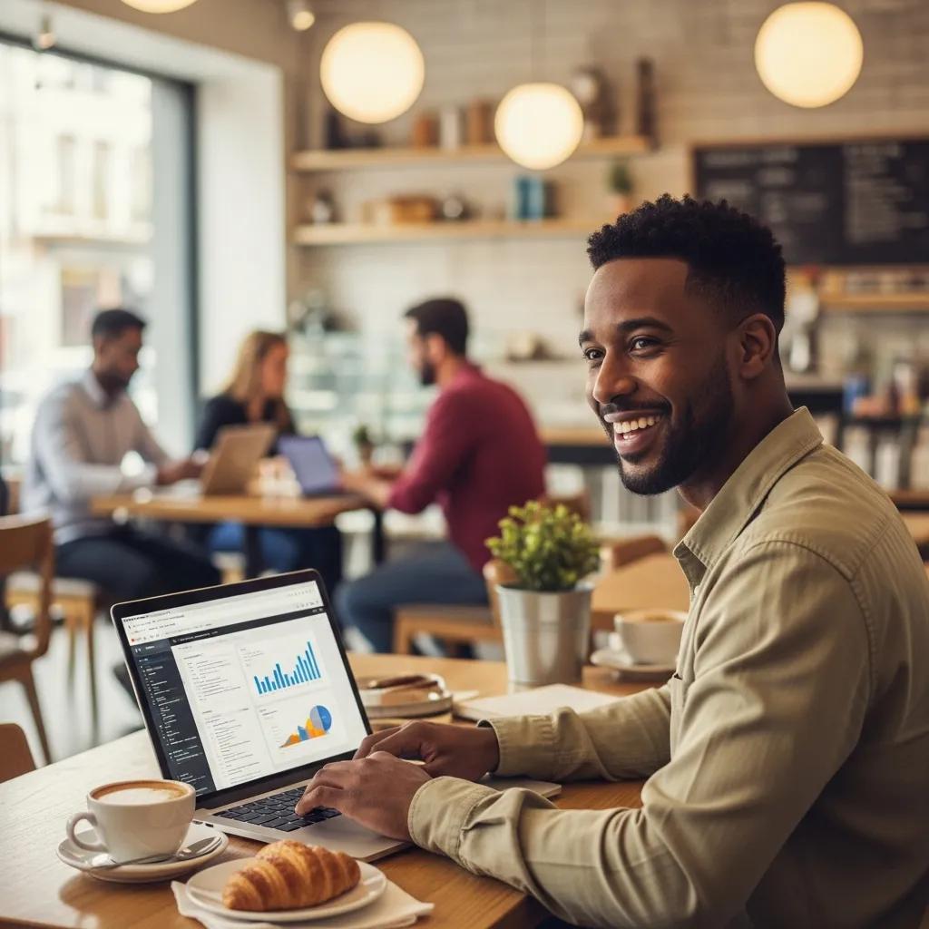 A parent working from a café, illustrating the benefits of flexible work policies on parental mental health.