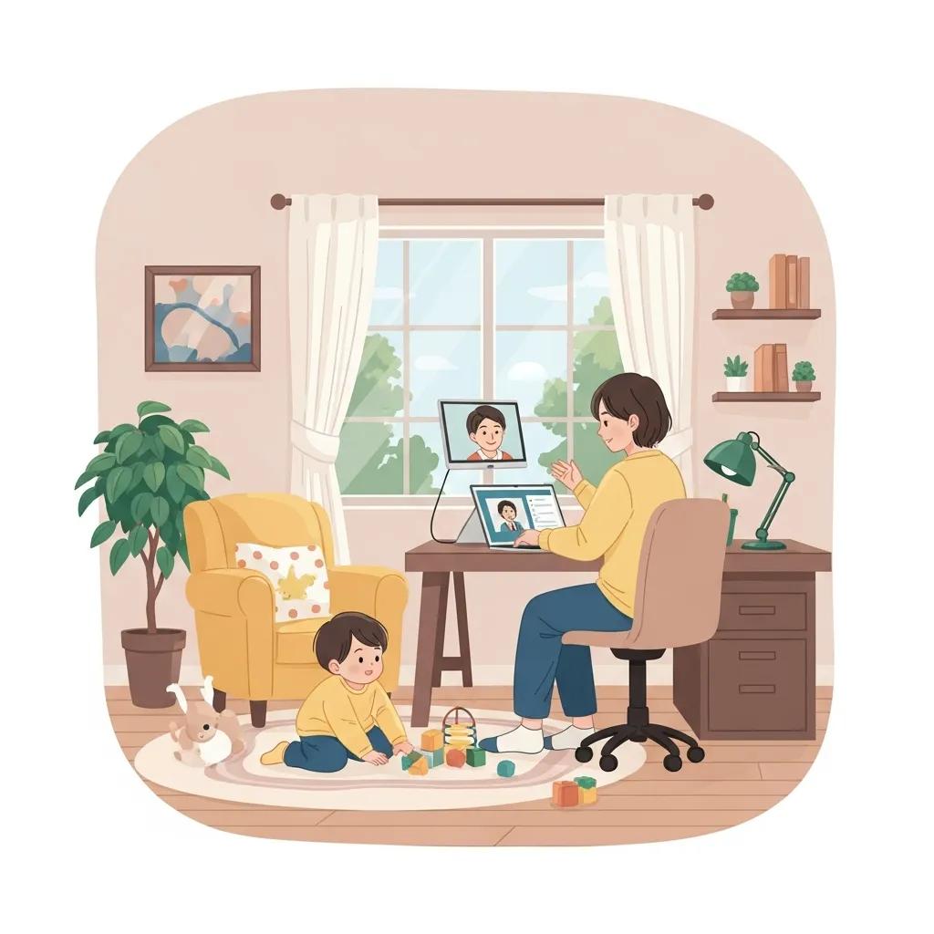 A working parent balancing home office tasks with childcare responsibilities in a warm, inviting workspace.