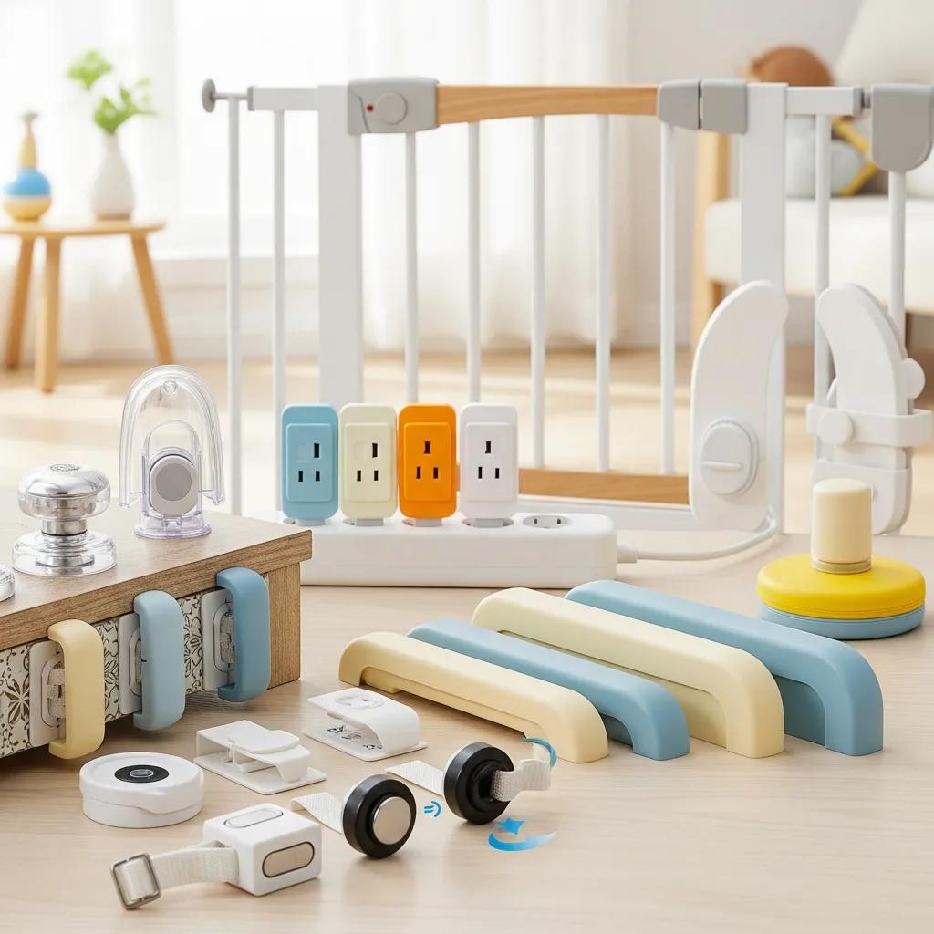 Assortment of essential child safety products including cabinet locks and safety gates for baby proofing
