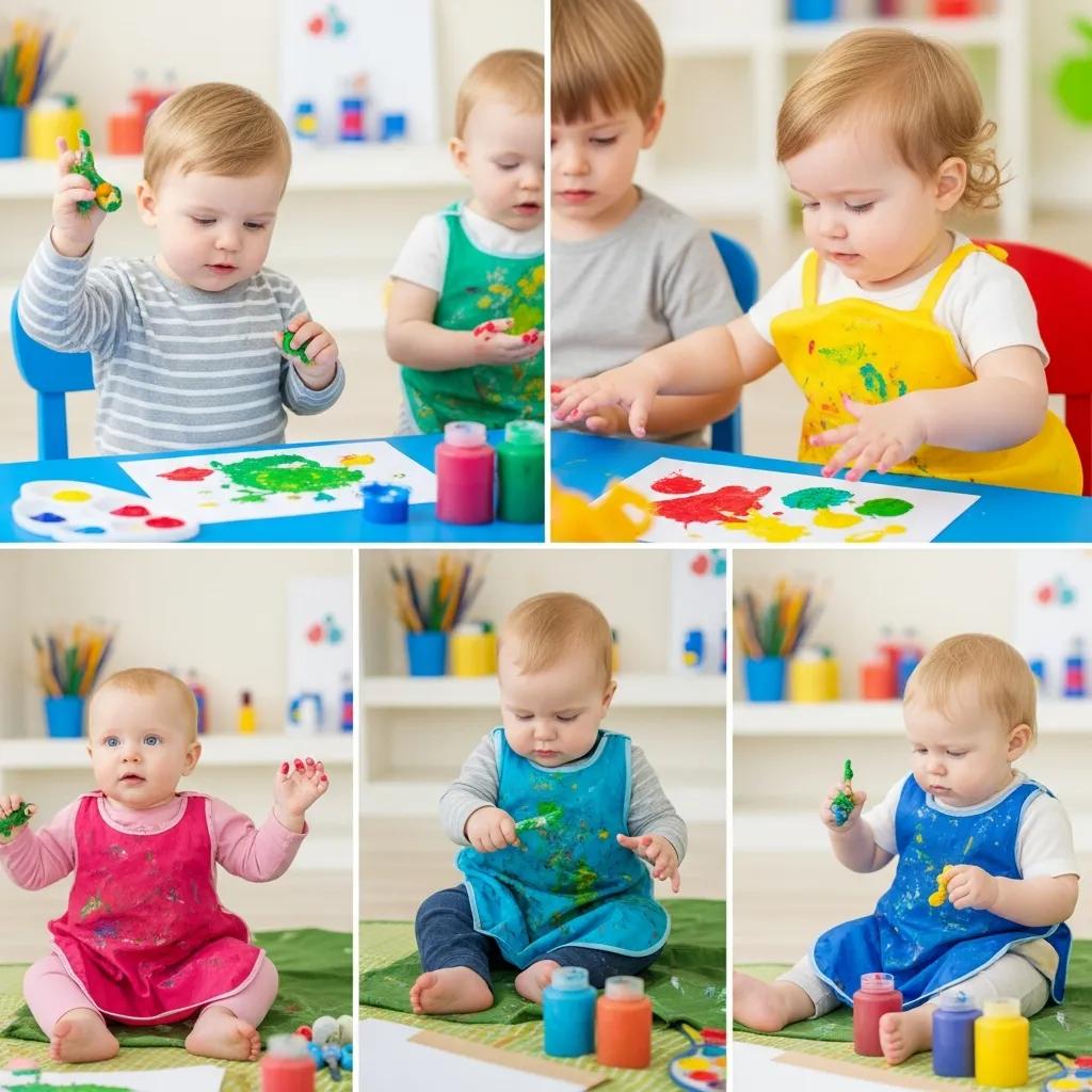 Babies and toddlers exploring creative art projects with bright colors and safe materials