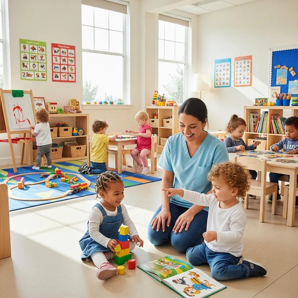 Caregiver happily engaging with children in a daycare center setting showcasing childcare options