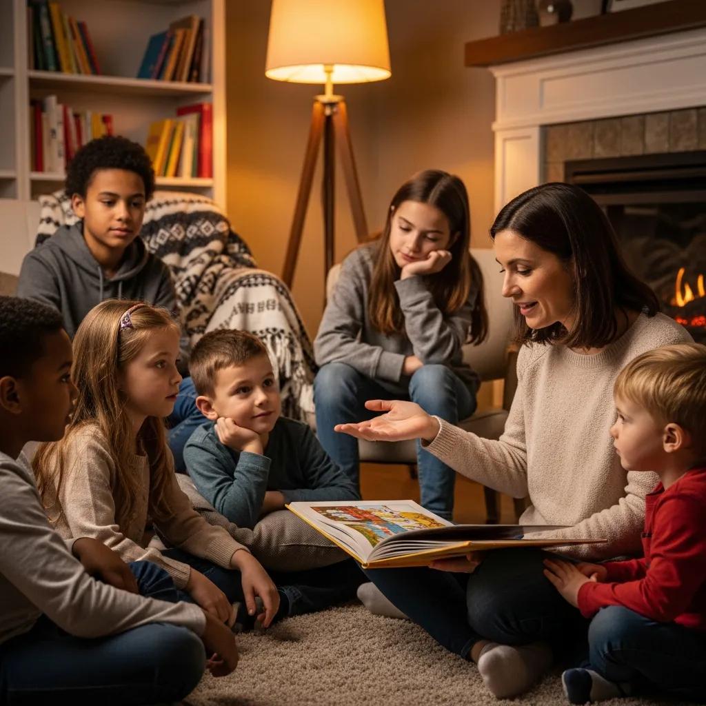 Caregiver reading to children of different ages, demonstrating effective transition strategies for separation