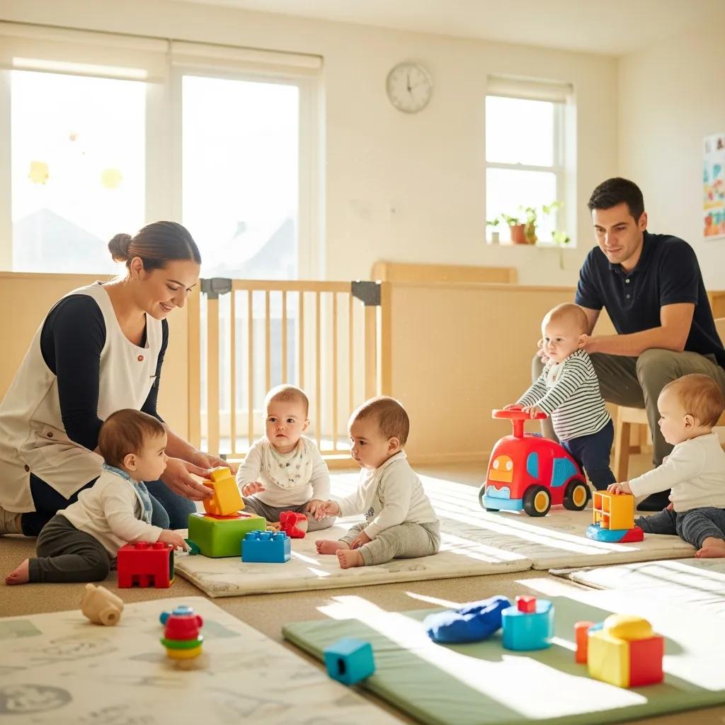 Caregivers monitoring infants in a safe daycare environment, emphasizing safety and health guidelines in infant care