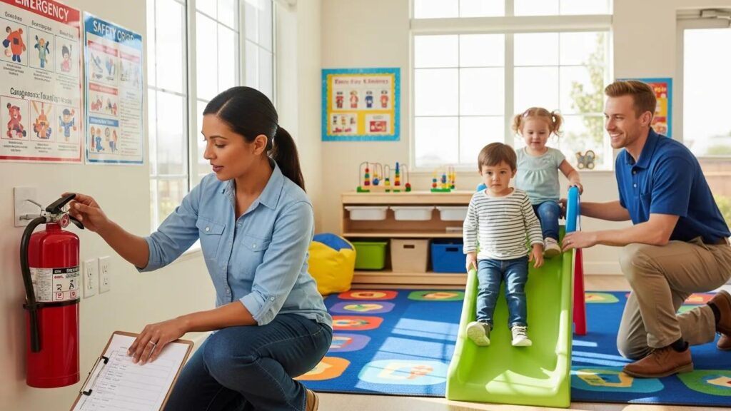 Caregivers performing a safety check at a licensed childcare center, emphasizing adherence to safety standards