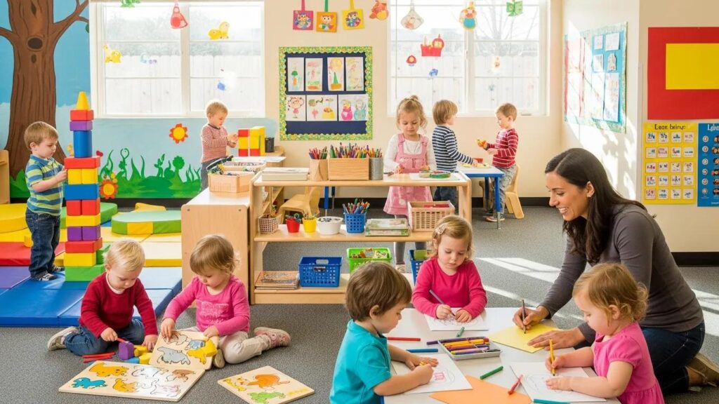 Cheerful children playing in a colorful daycare classroom emphasizing child development and safety