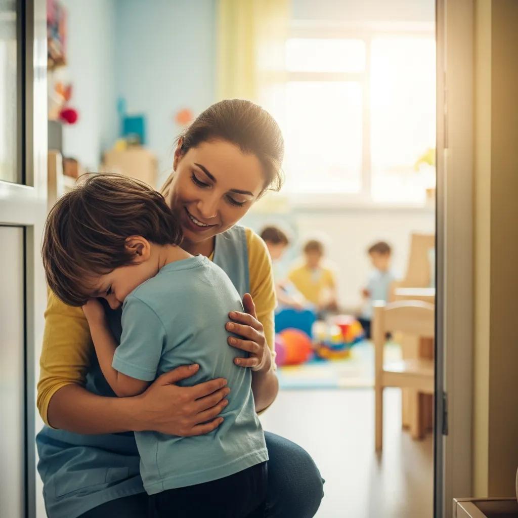 Child and caregiver at a drop-off, showcasing separation anxiety and emotional support