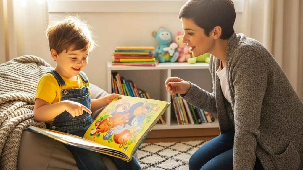Child and parent engaging in interactive reading, fostering literacy and language skills development