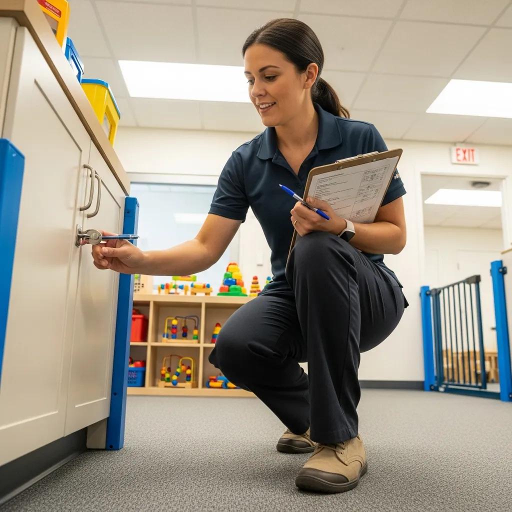 Child care provider conducting safety regulations inspection