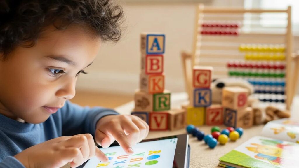 Child engaging with an educational app on a tablet, surrounded by learning materials