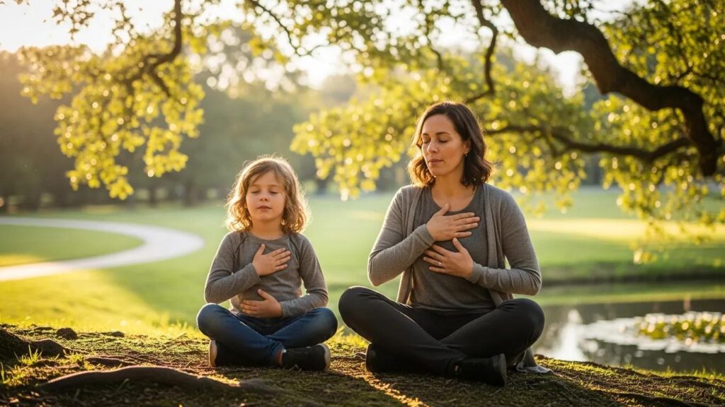 Child learning emotional regulation techniques outdoors with parent