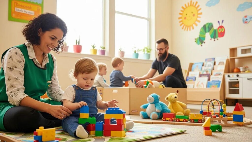 Child playing at daycare with supportive caregivers