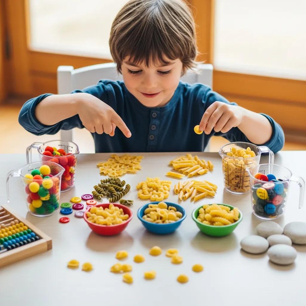 Child sorting pasta shapes demonstrating early math skills in a playful setup