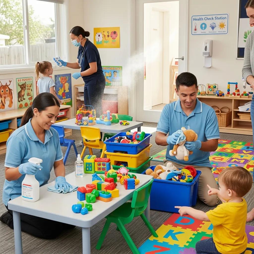 Childcare staff performing daily cleaning and health screening in a daycare