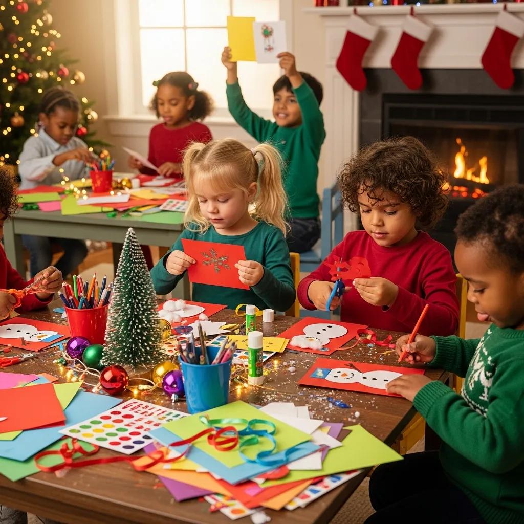 Children crafting holiday cards with colorful materials at a festive table