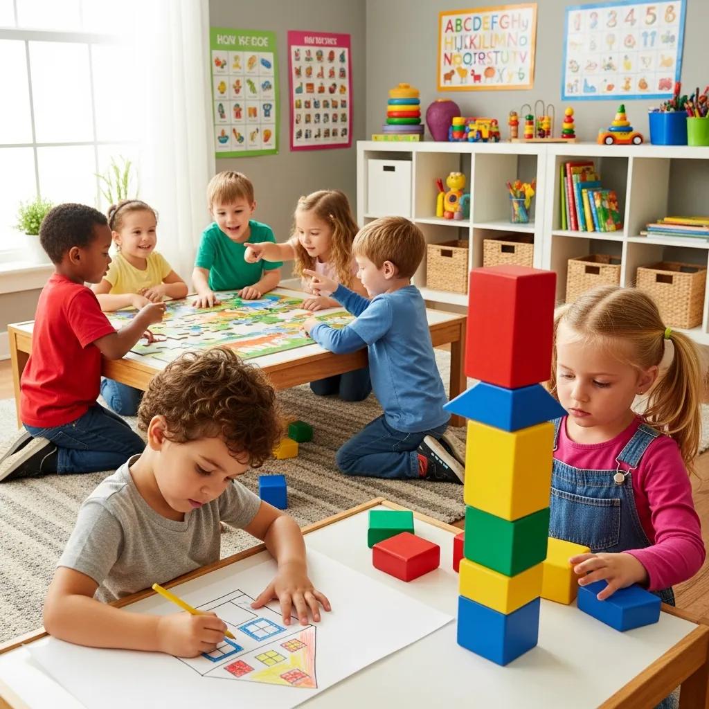 Children developing essential preschool skills through play-based activities like drawing and puzzle solving