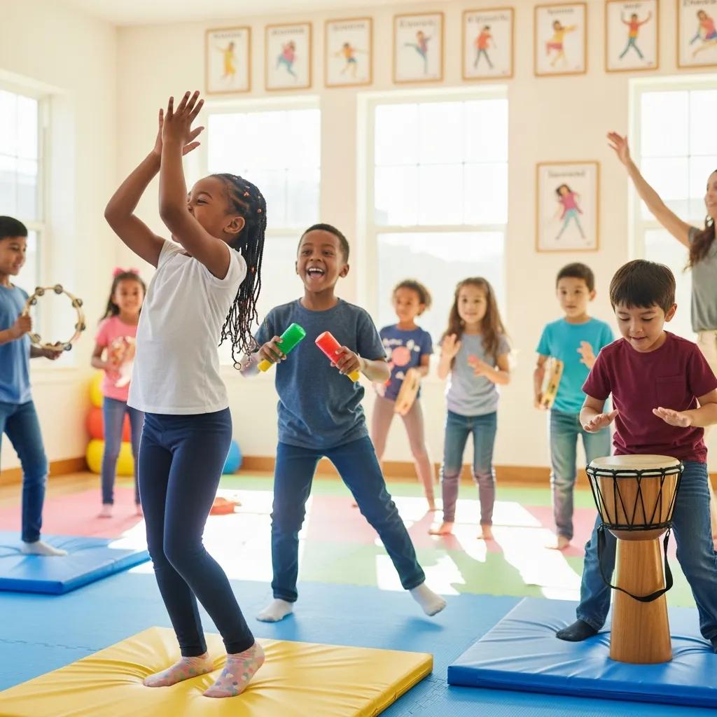 Children developing motor skills through rhythmic movement activities like dancing and clapping