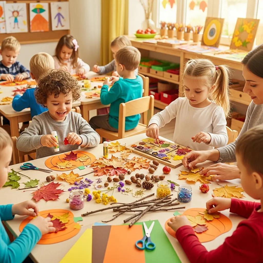 Children engaged in seasonal craft activities with natural materials