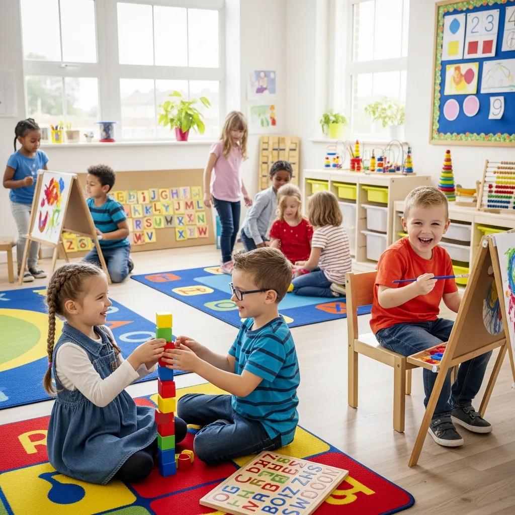 Children engaging in interactive learning activities in an early childhood education setting