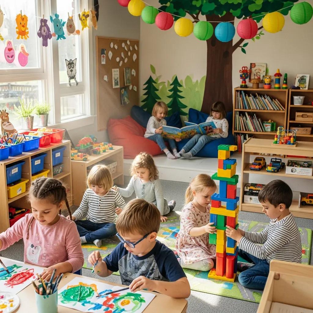 Children engaging in playful learning activities in a cheerful childcare setting