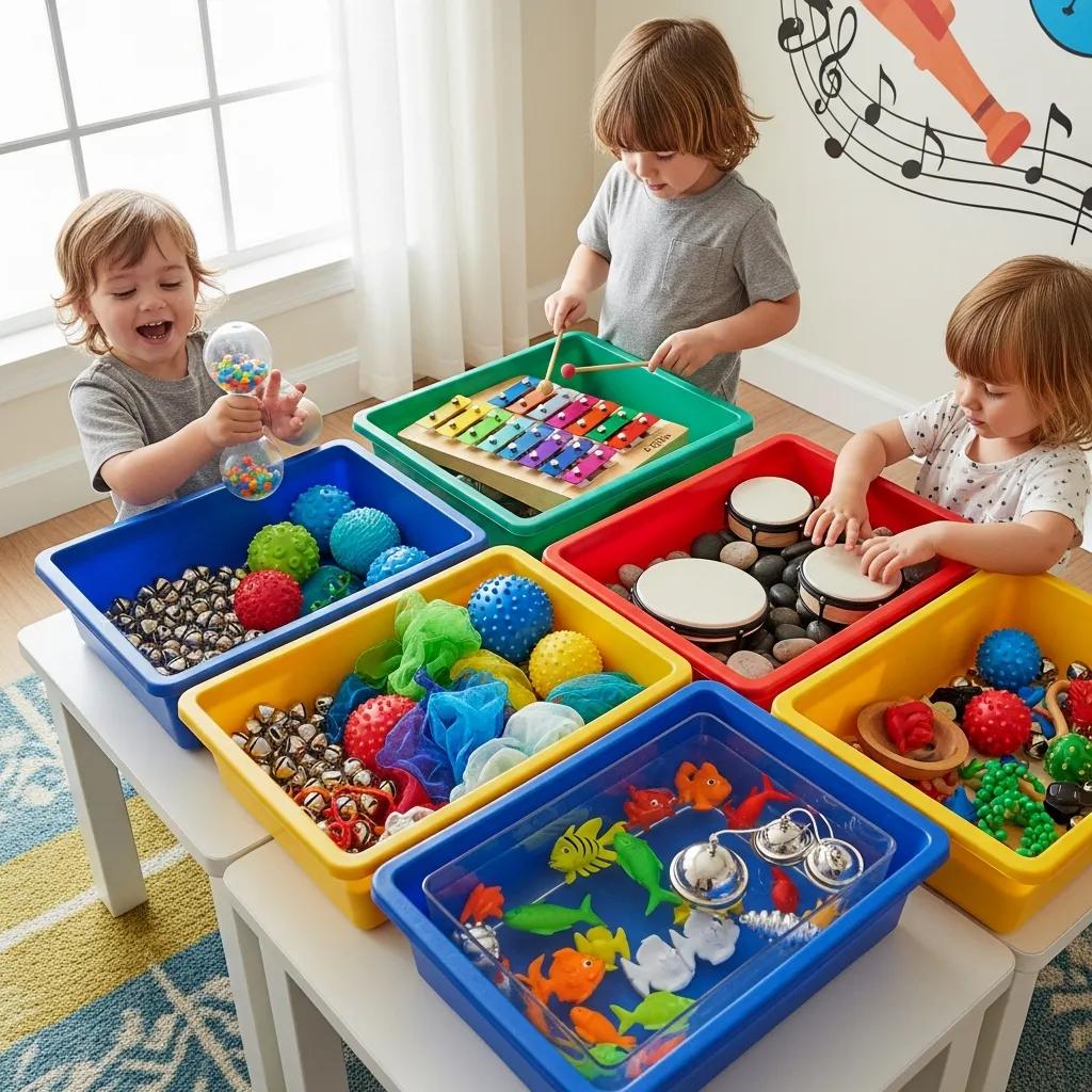 Children exploring sensory bins with music elements to enhance sensory play and cognitive development