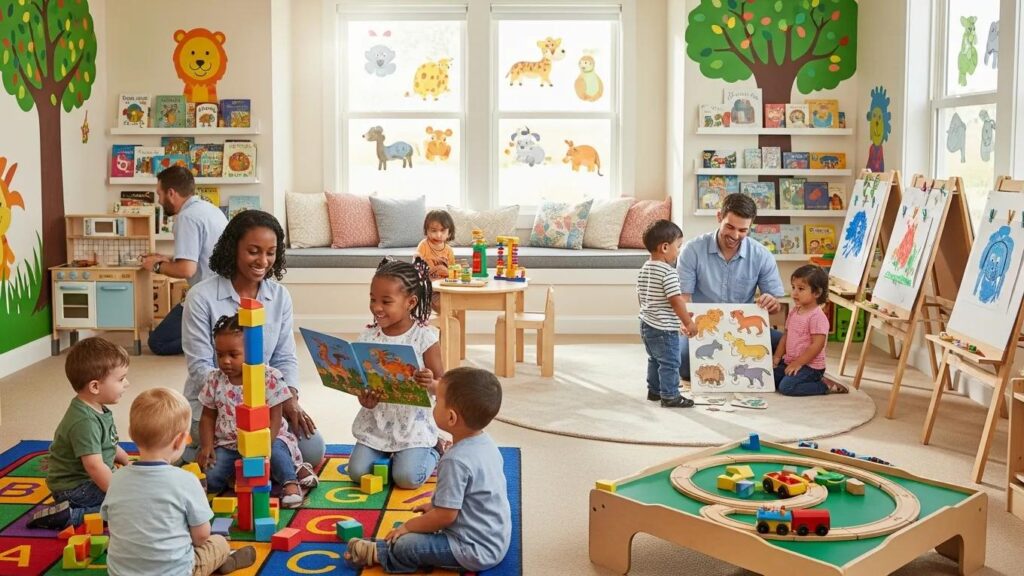 Children happily playing and learning in a welcoming day care center environment
