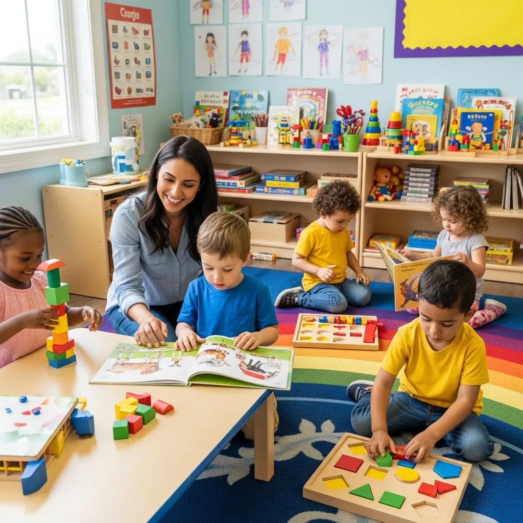 Children learning in a colorful classroom with an early childhood educator