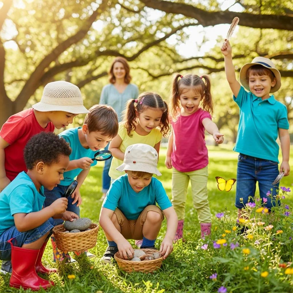 Children participating in a summer scavenger hunt in a park