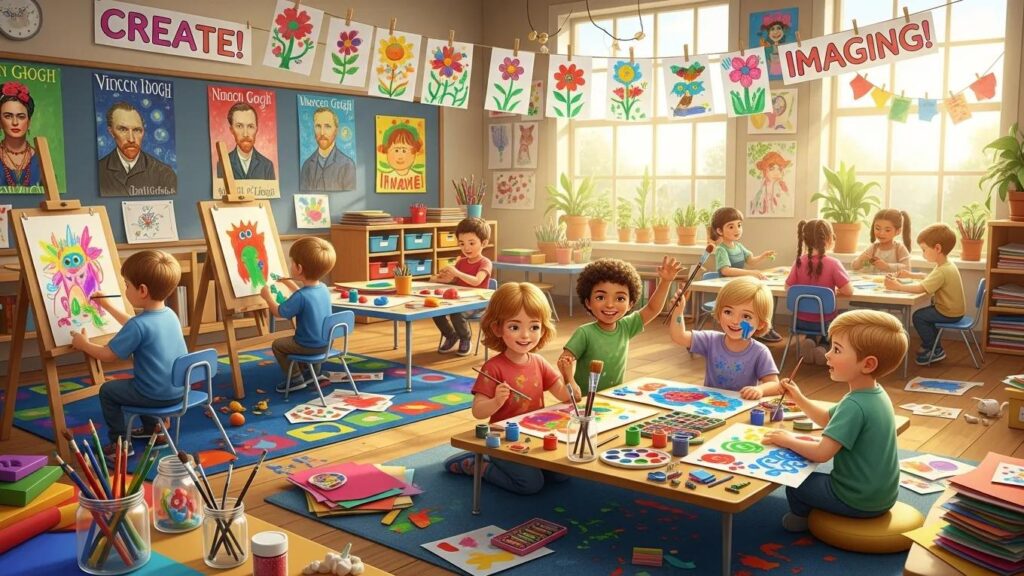 Children participating in creative art activities in a colorful classroom setting