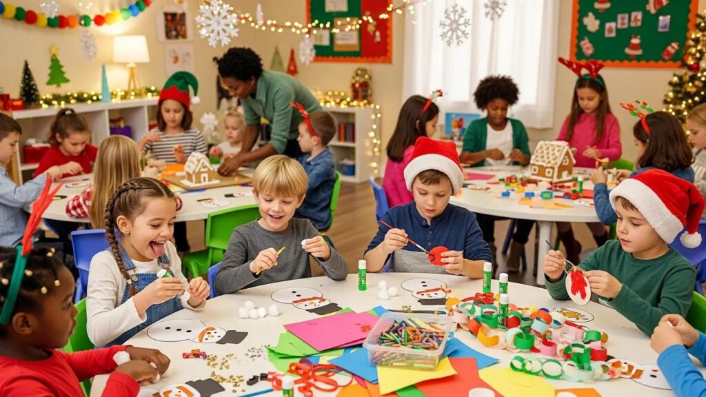 Children participating in holiday childcare programs with festive decorations promoting fun and engagement
