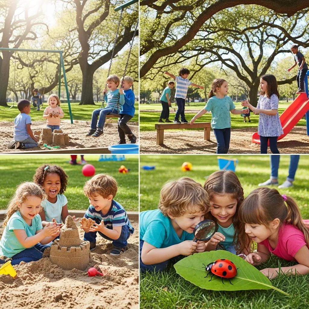 Children playing and exploring in a park, representing developmental milestones and growth opportunities.