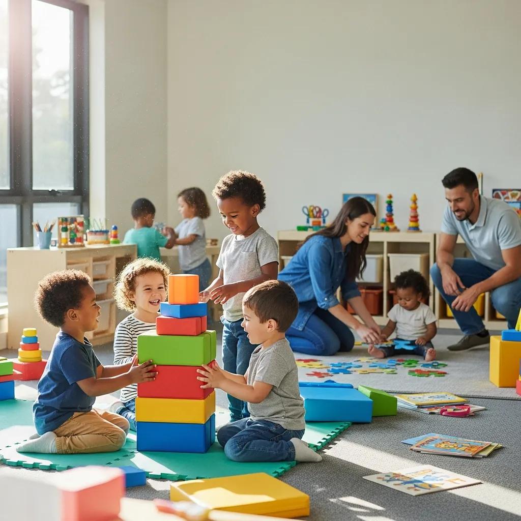 Children playing happily in a childcare center, illustrating the importance of community and quality care in child development.