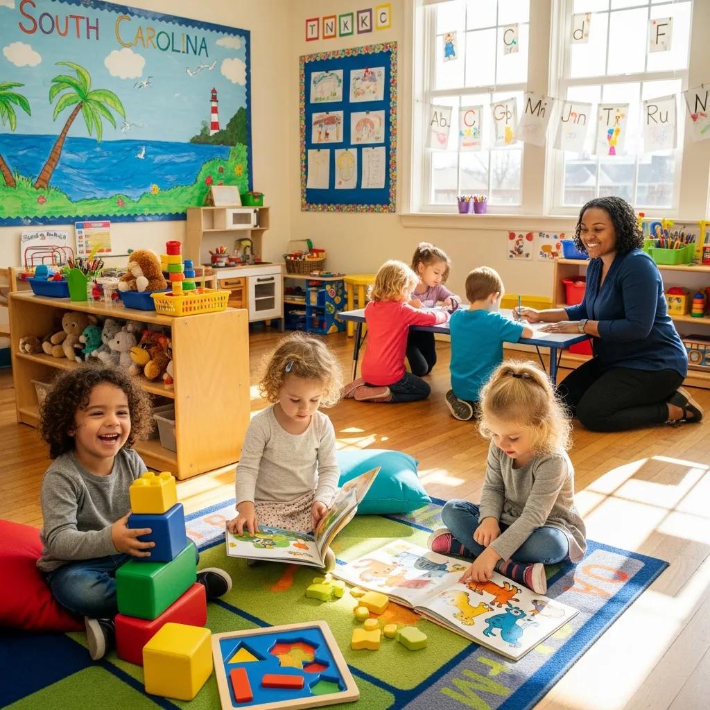 Children playing in a colorful South Carolina preschool classroom showcasing early learning and development