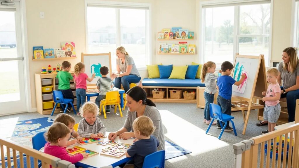 Children playing in a safe, nurturing daycare environment