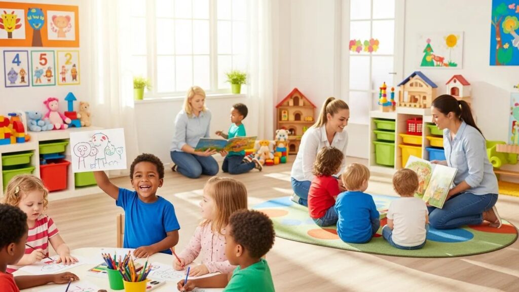 Children playing in a vibrant daycare setting, illustrating the essence of childcare options