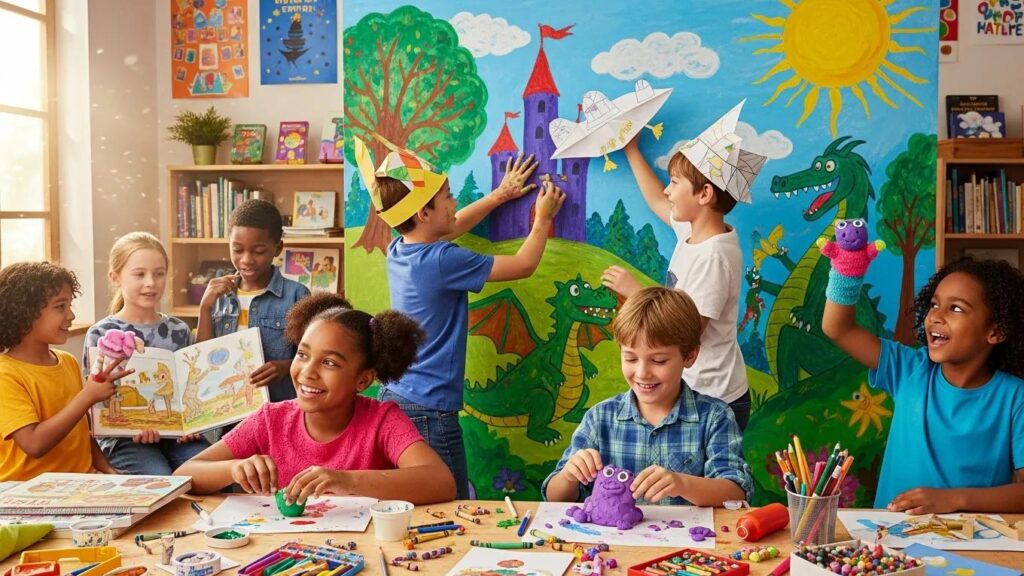 Children using art materials to enhance cognitive and language development through storytelling