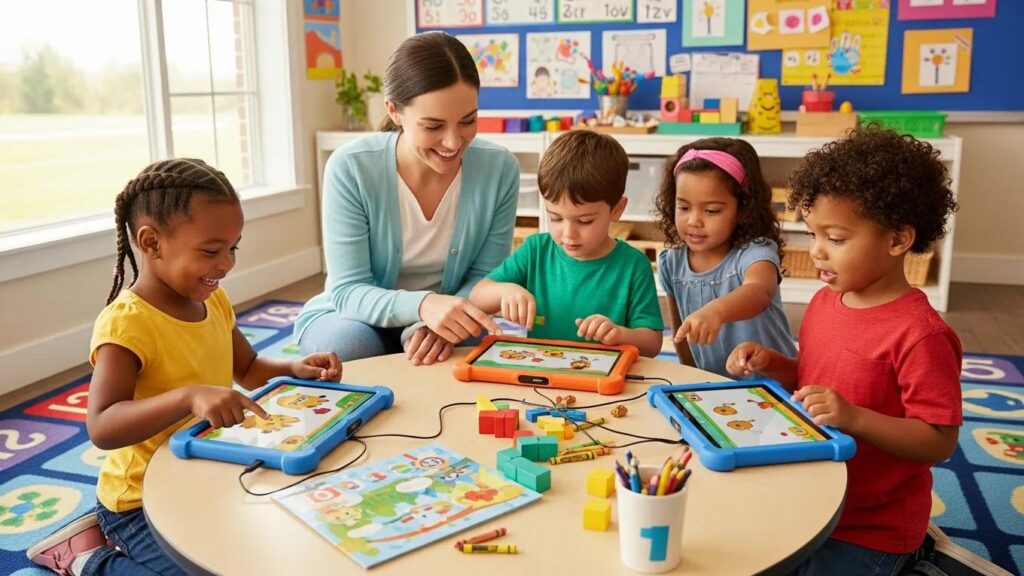 Children using educational tablets under caregiver supervision in a vibrant preschool classroom