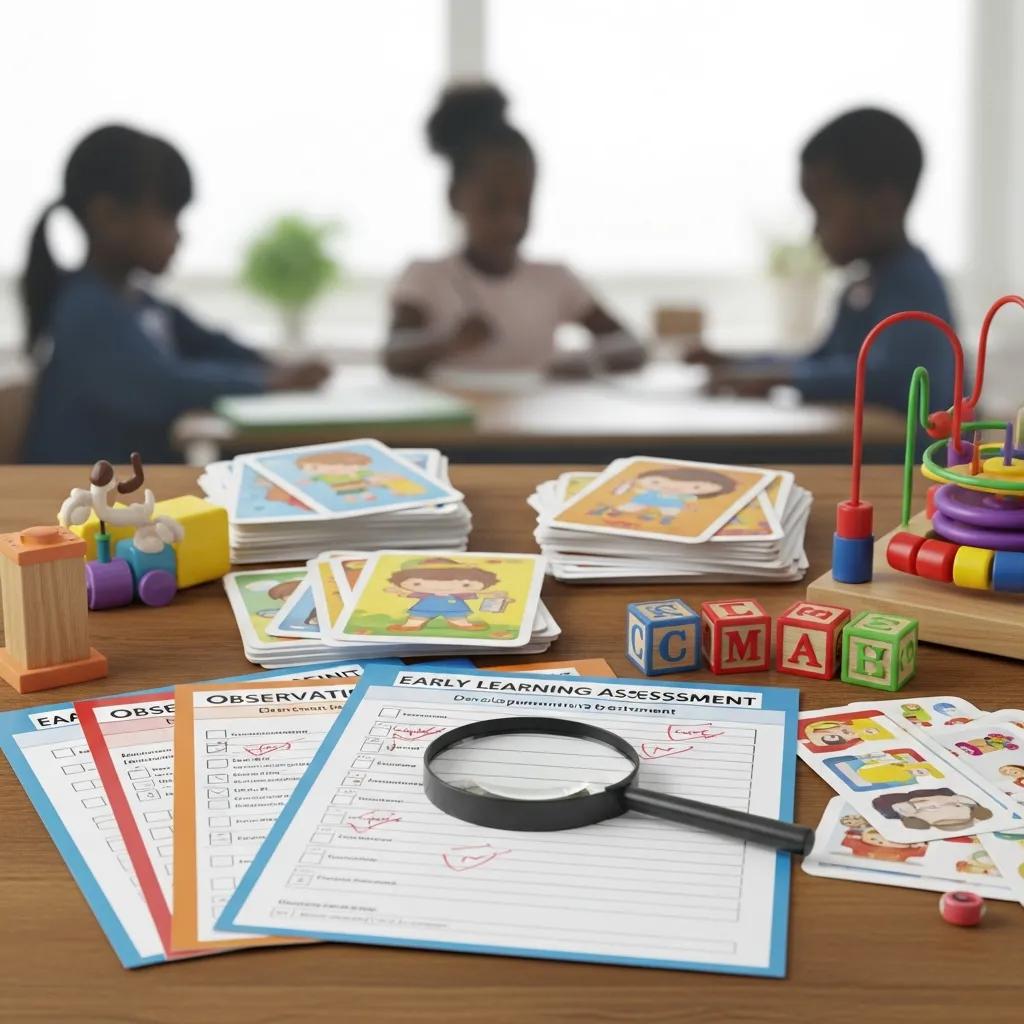 Colorful assessment tools for early learning displayed on a table in a preschool setting, emphasizing evaluation for children's development
