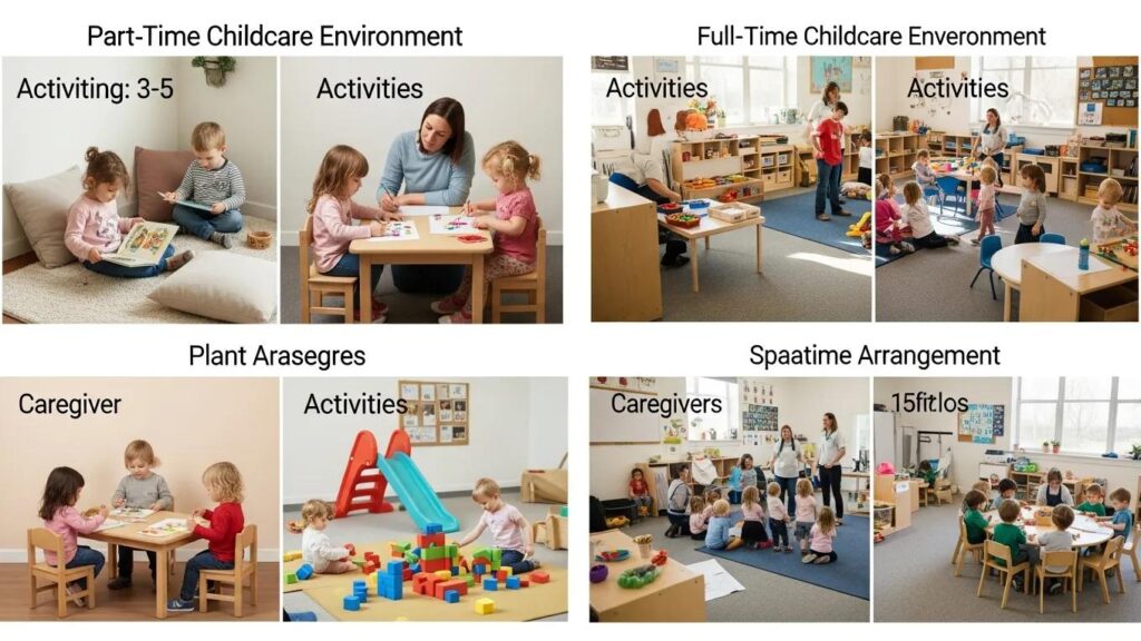 Contrast of part-time and full-time childcare environments, showcasing different group sizes and activities