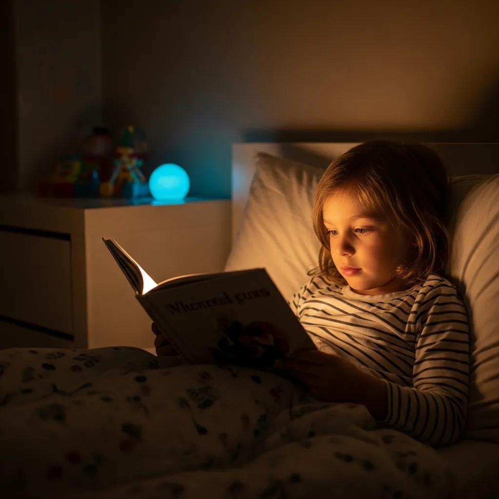 Cozy bedtime scene with child reading a book in a softly illuminated room promoting healthy sleep routines.