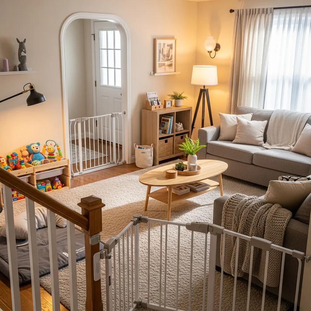 Cozy childproofed living room with safety gates and outlet covers, emphasizing child safety