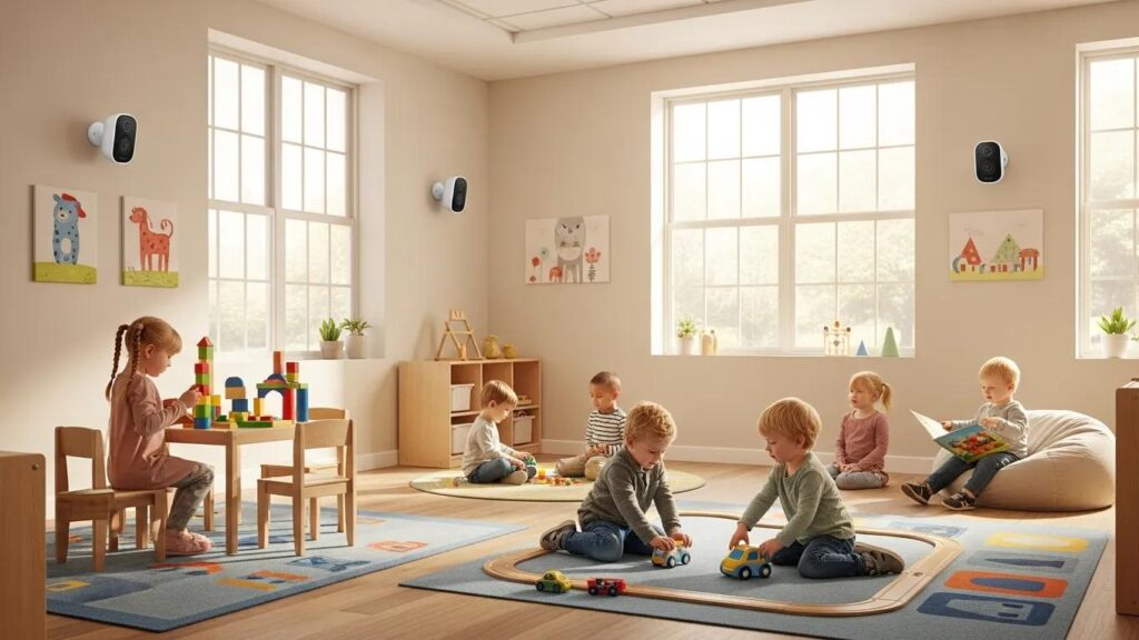 Daycare environment with children playing under watchful eyes of security cameras