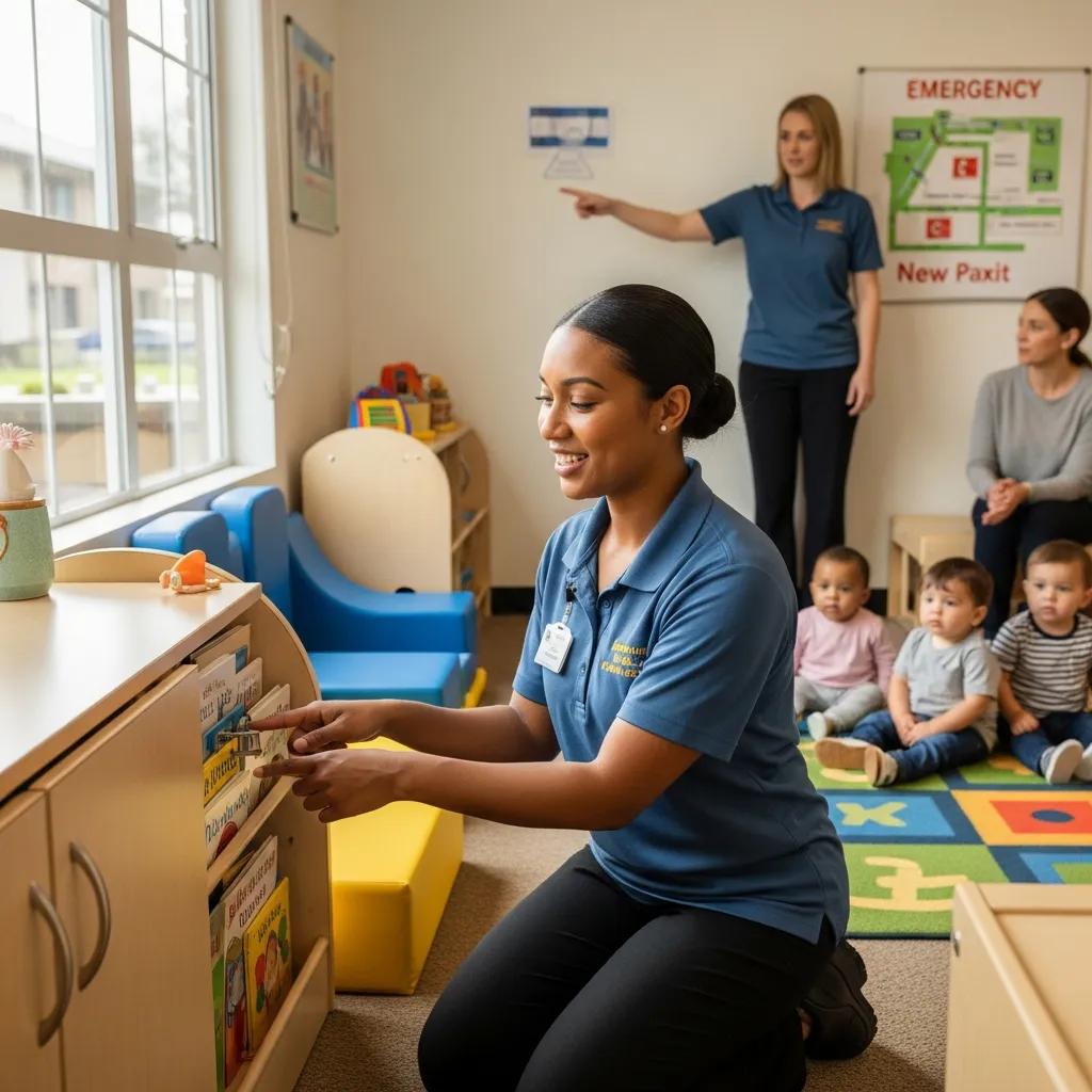Daycare staff demonstrating safety measures to protect children during a facility tour