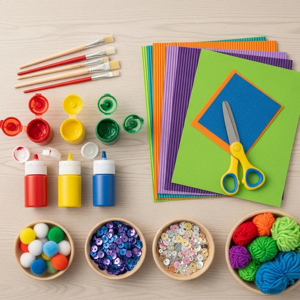 Display of non-toxic art materials for toddlers including paints, craft paper, and safety scissors