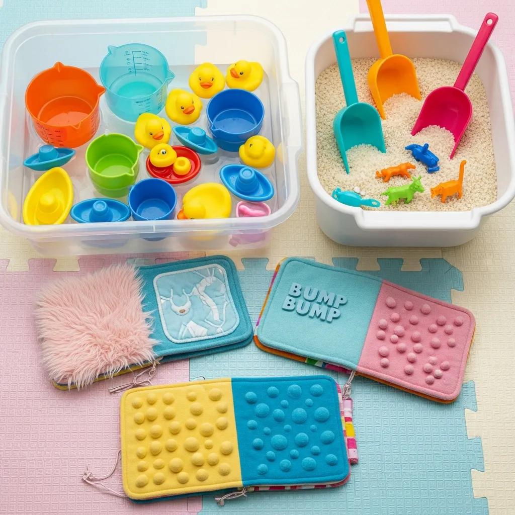 Display of safe sensory play activities for infants and toddlers including water play bins and tactile books