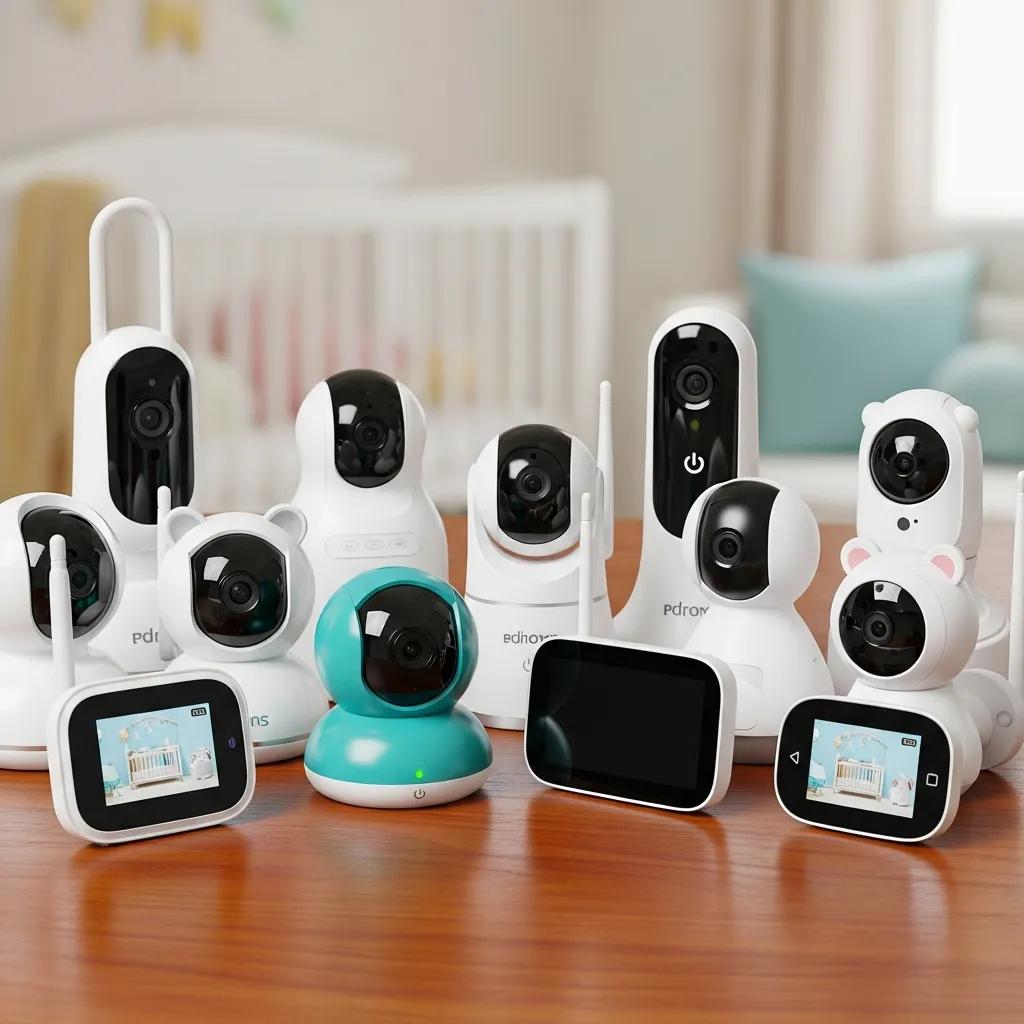 Diverse childcare monitoring cameras displayed, illustrating technology options for parents