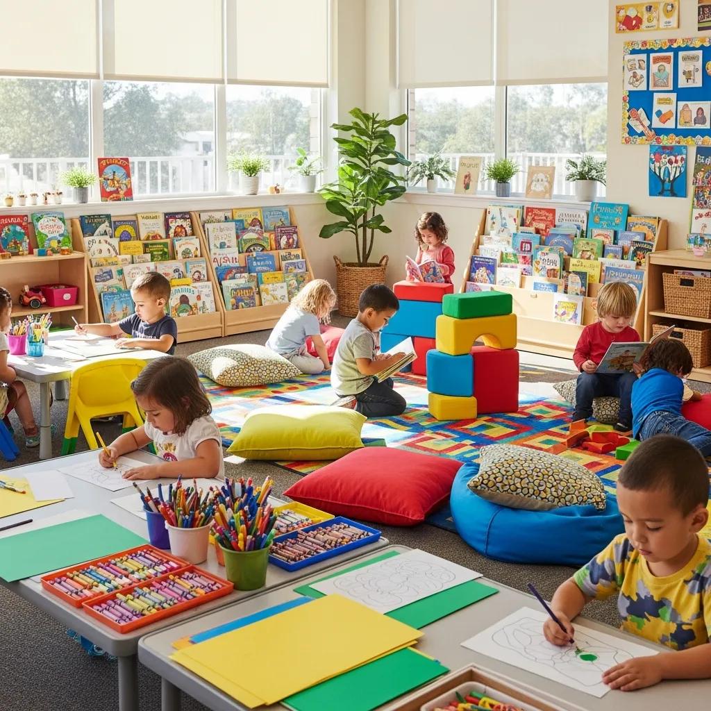 Engaged children exploring a vibrant daycare indoor play area with learning materials